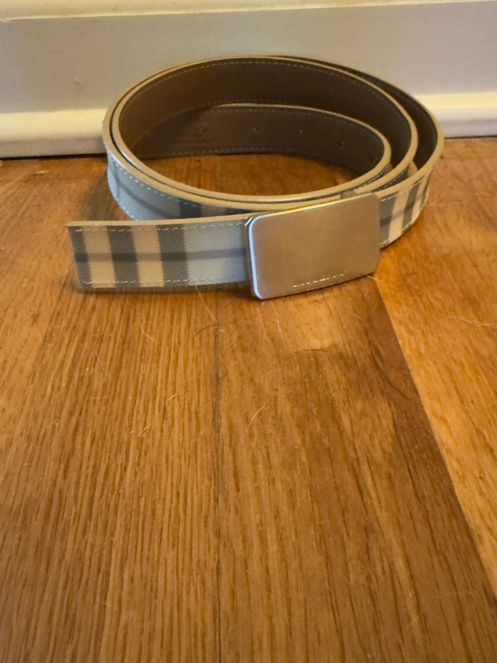 Burberry Light Blue Plaid Fabric Belt with Brushed Metal Buckle 44 inch